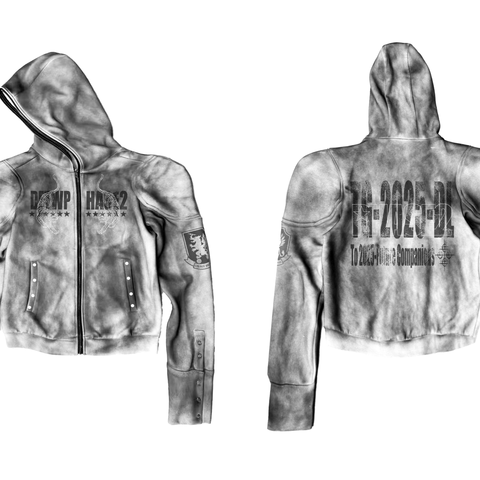 DETW online Washed White Spray Dirty Double Tiger Embroidered Hooded Zip Up