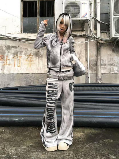 DETW online Washed White Spray Dirty Double Tiger Embroidered Hooded Zip Up