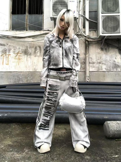 DETW online Washed White Spray Dirty Double Tiger Embroidered Hooded Zip Up