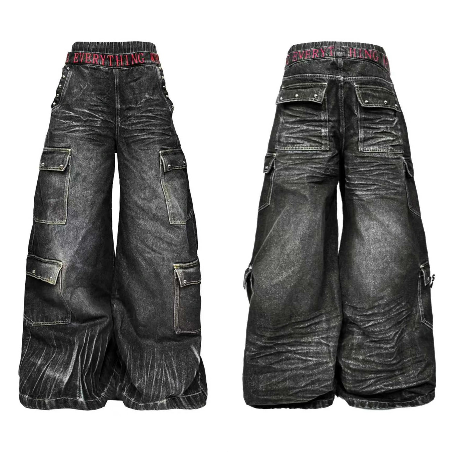 DETW online Water Wash Double Waist Embroidered Pleated Cargo Jeans
