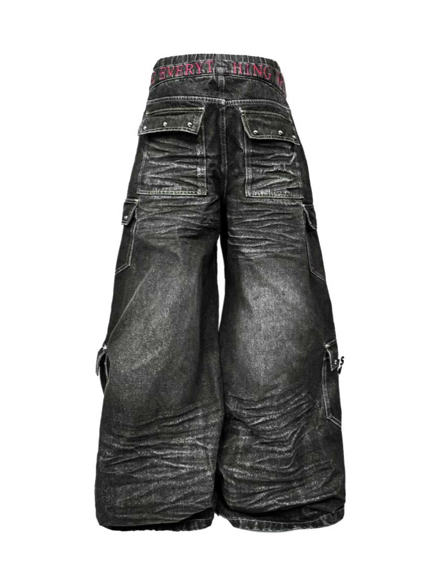DETW online Water Wash Double Waist Embroidered Pleated Cargo Jeans