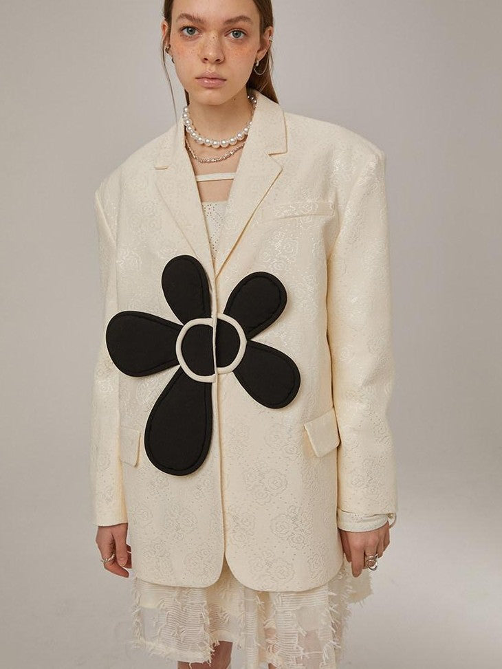 DIDDI MODA 3D Floral Applique Button Polo Collar Long Sleeve Women&