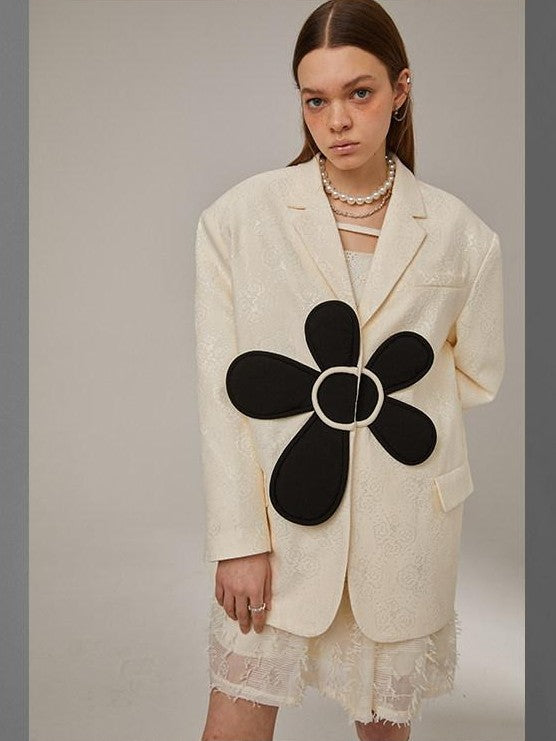 DIDDI MODA 3D Floral Applique Button Polo Collar Long Sleeve Women&