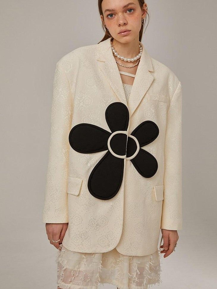 DIDDI MODA 3D Floral Applique Button Polo Collar Long Sleeve Women&