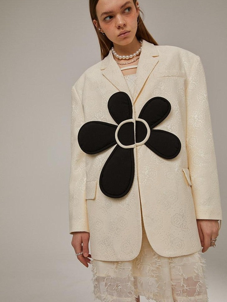 DIDDI MODA 3D Floral Applique Button Polo Collar Long Sleeve Women&