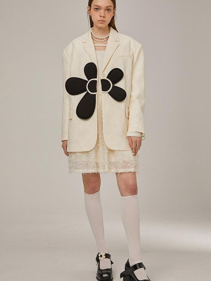 DIDDI MODA 3D Floral Applique Button Polo Collar Long Sleeve Women&