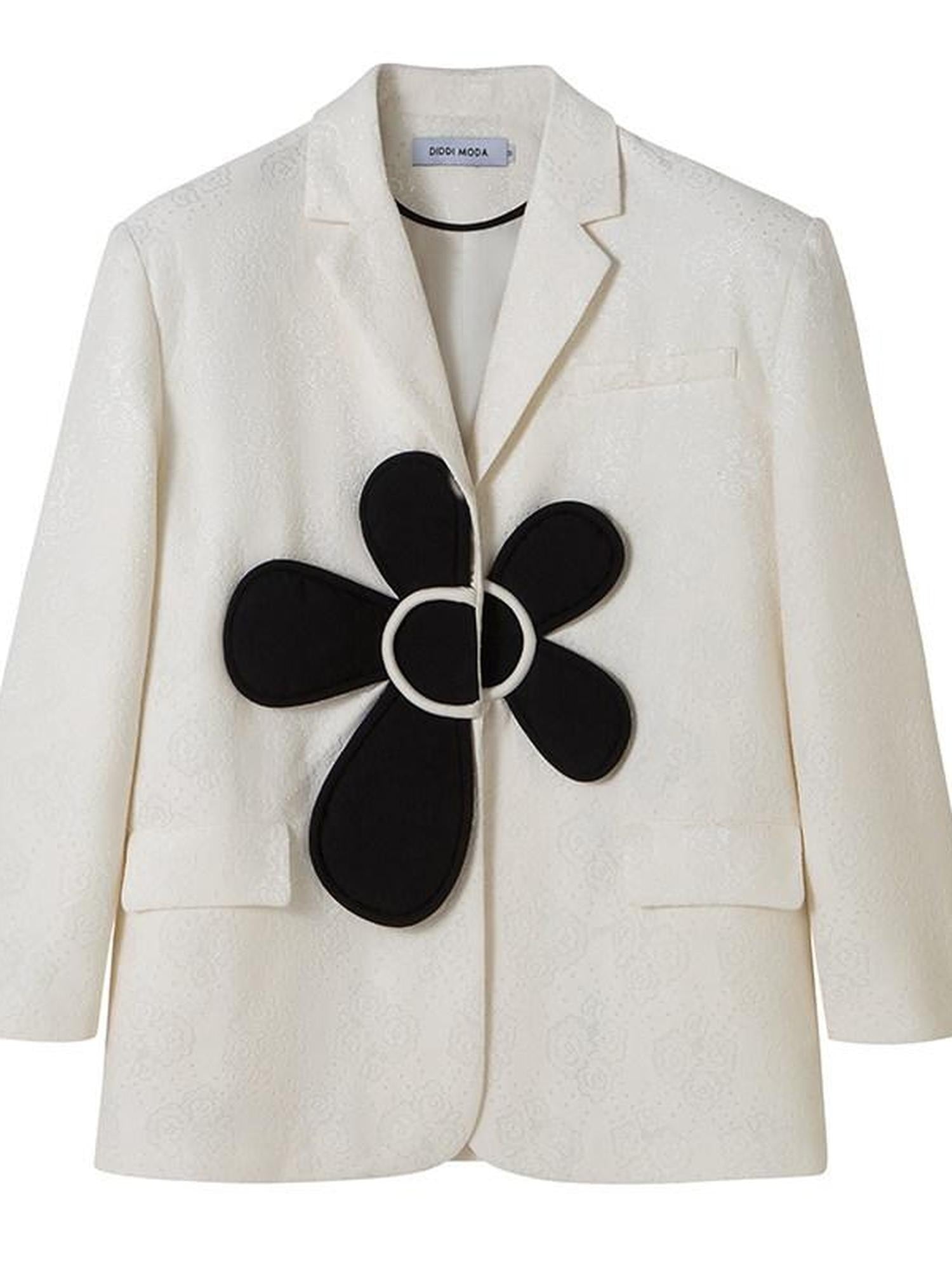 DIDDI MODA 3D Floral Applique Button Polo Collar Long Sleeve Women&