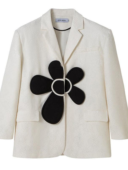 DIDDI MODA 3D Floral Applique Button Polo Collar Long Sleeve Women&