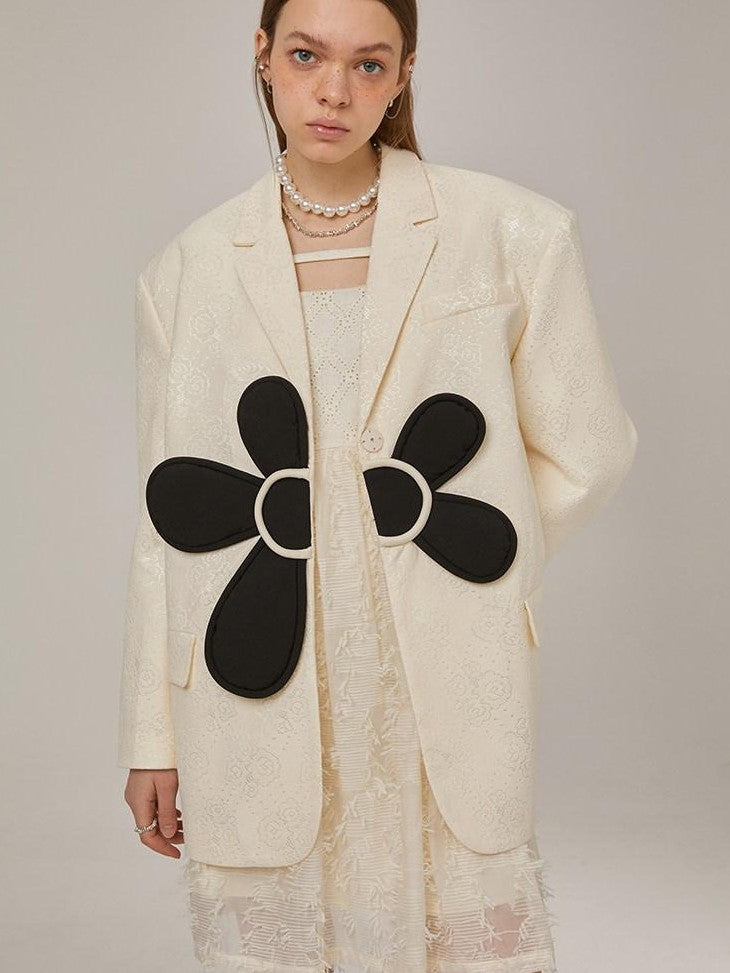 DIDDI MODA 3D Floral Applique Button Polo Collar Long Sleeve Women&