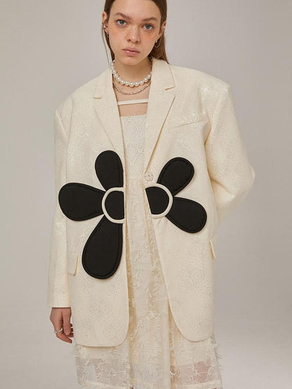 DIDDI MODA 3D Floral Applique Button Polo Collar Long Sleeve Women&