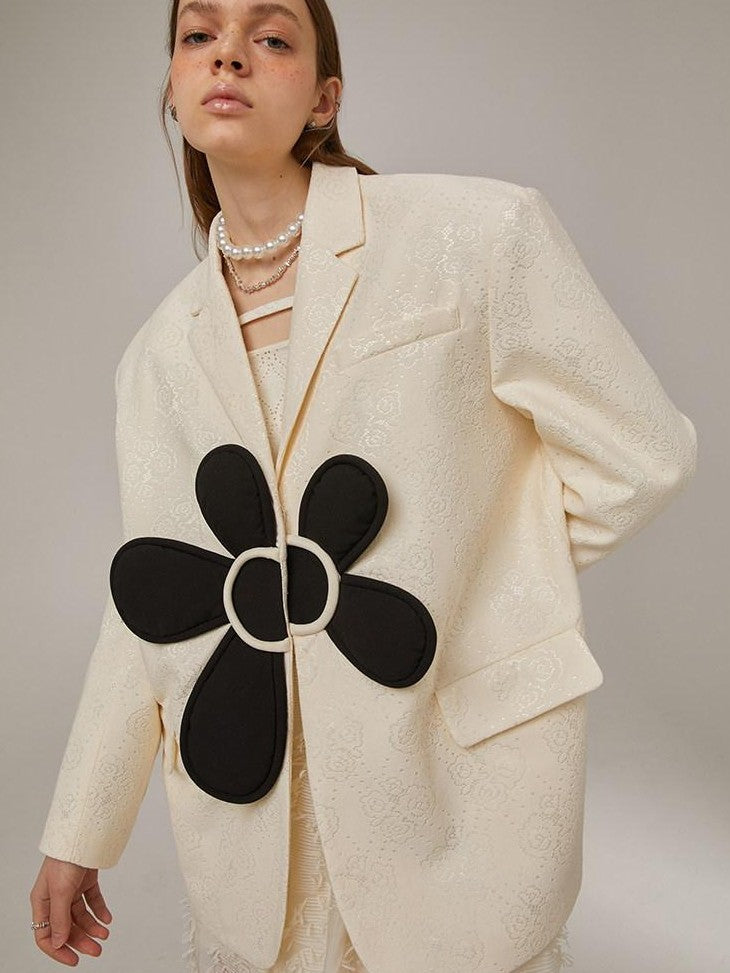 DIDDI MODA 3D Floral Applique Button Polo Collar Long Sleeve Women&