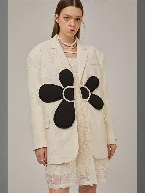 DIDDI MODA 3D Floral Applique Button Polo Collar Long Sleeve Women&