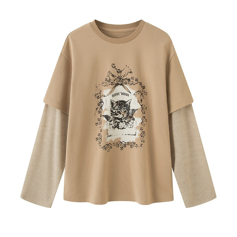 DIDDI_MODA_Angel_Cat_Print_Loose_Round_Neck_Fake_Two_Piece_Women&
