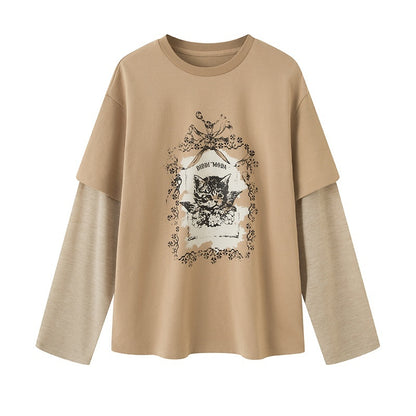 DIDDI_MODA_Angel_Cat_Print_Loose_Round_Neck_Fake_Two_Piece_Women&