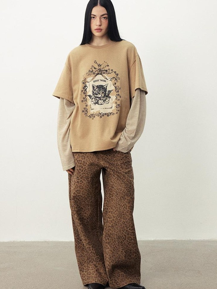 DIDDI MODA Angel Cat Print Loose Round Neck Fake Two Piece Women&