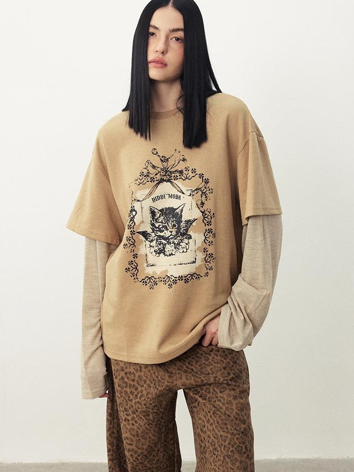 DIDDI MODA Angel Cat Print Loose Round Neck Fake Two Piece Women&