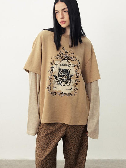DIDDI MODA Angel Cat Print Loose Round Neck Fake Two Piece Women&