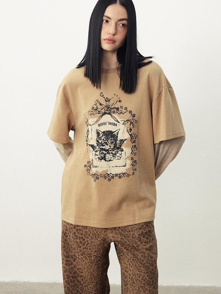 DIDDI MODA Angel Cat Print Loose Round Neck Fake Two Piece Women&