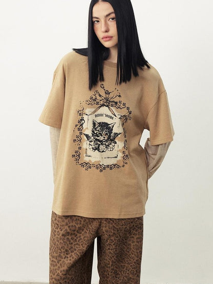 DIDDI MODA Angel Cat Print Loose Round Neck Fake Two Piece Women&
