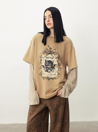 DIDDI MODA Angel Cat Print Loose Round Neck Fake Two Piece Women&