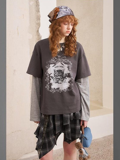 DIDDI MODA Angel Cat Print Loose Round Neck Fake Two Piece Women&