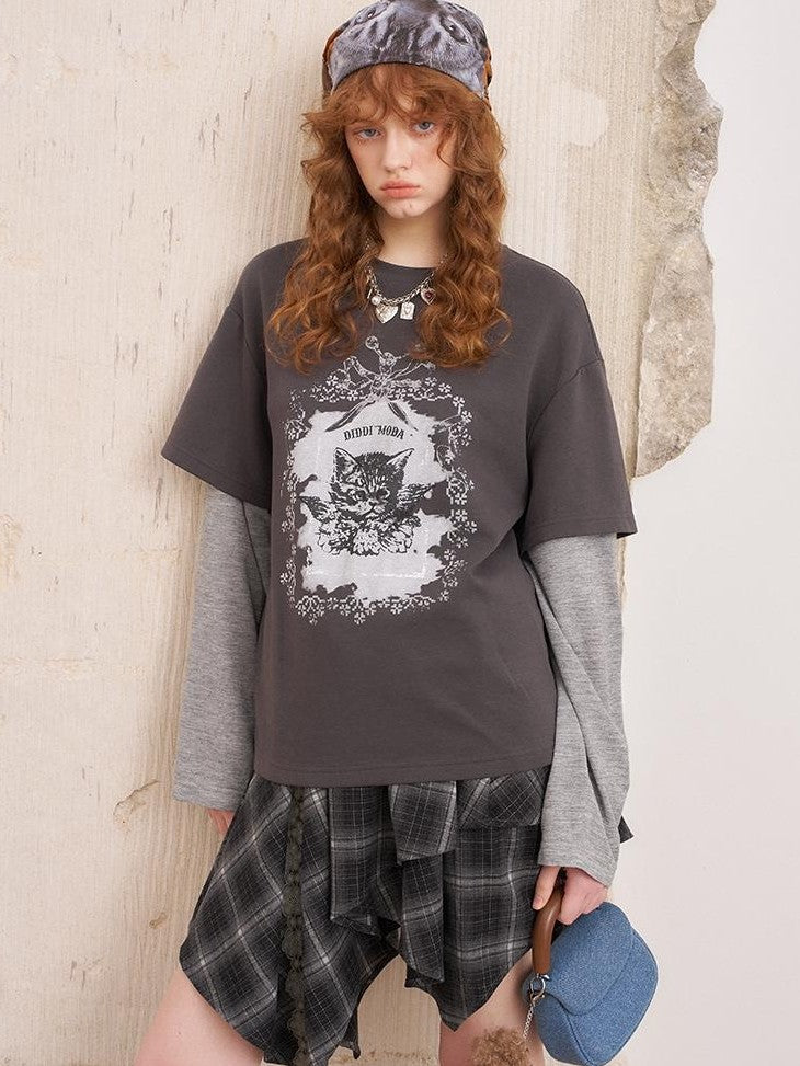 DIDDI MODA Angel Cat Print Loose Round Neck Fake Two Piece Women&