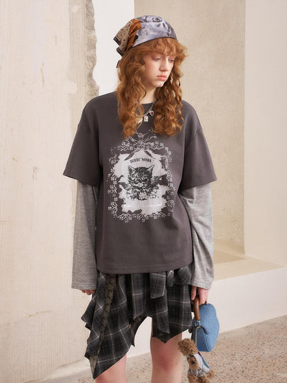 DIDDI MODA Angel Cat Print Loose Round Neck Fake Two Piece Women&