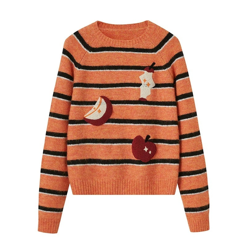 DIDDI_MODA_Apple_Embroidered_Striped_Crewneck_Loose_Women&