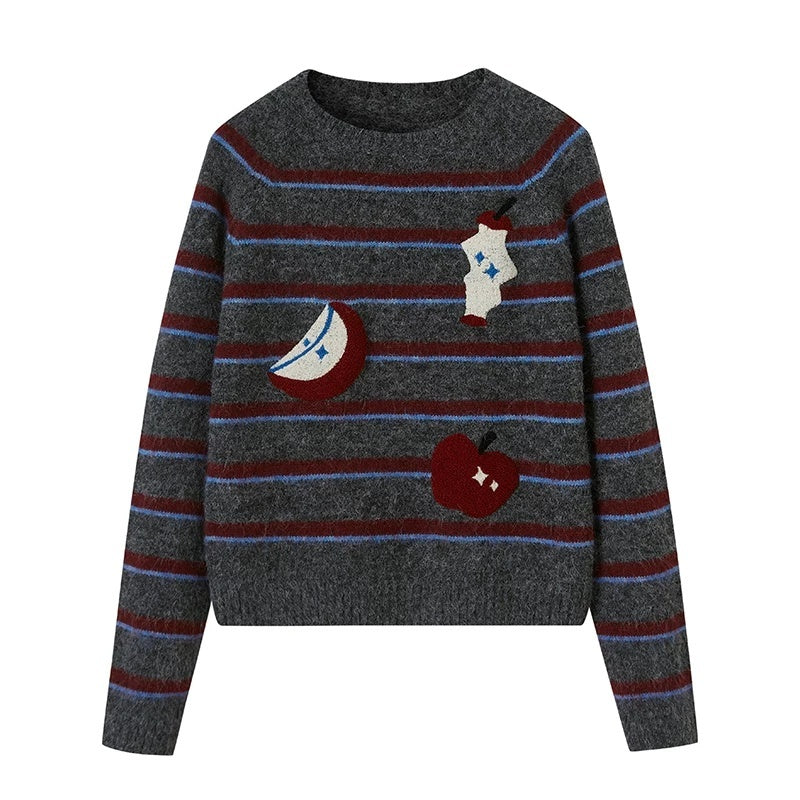 DIDDI_MODA_Apple_Embroidered_Striped_Crewneck_Loose_Women&