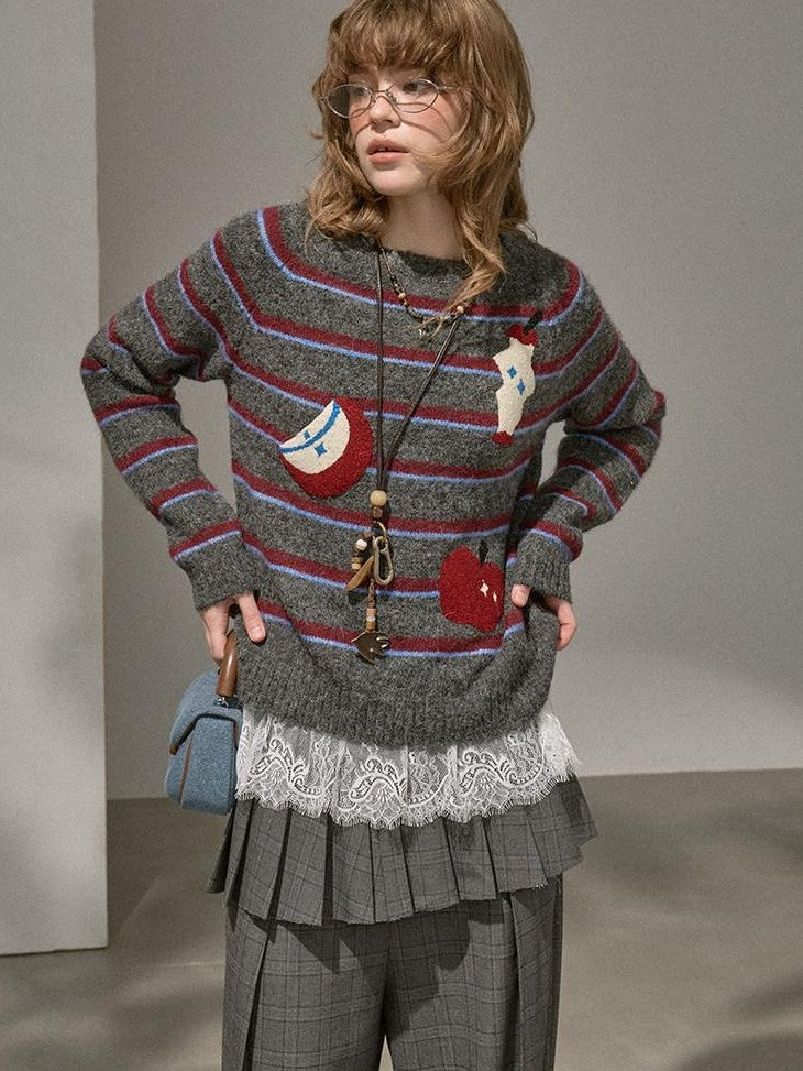 DIDDI MODA Apple Embroidered Striped Crewneck Loose Women&
