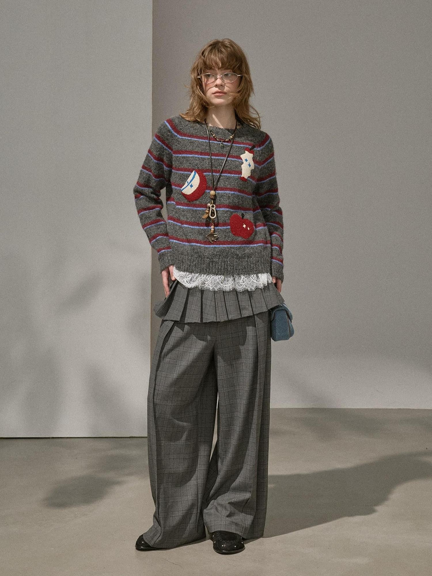 DIDDI MODA Apple Embroidered Striped Crewneck Loose Women&