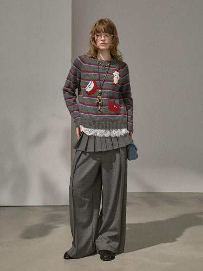 DIDDI MODA Apple Embroidered Striped Crewneck Loose Women&