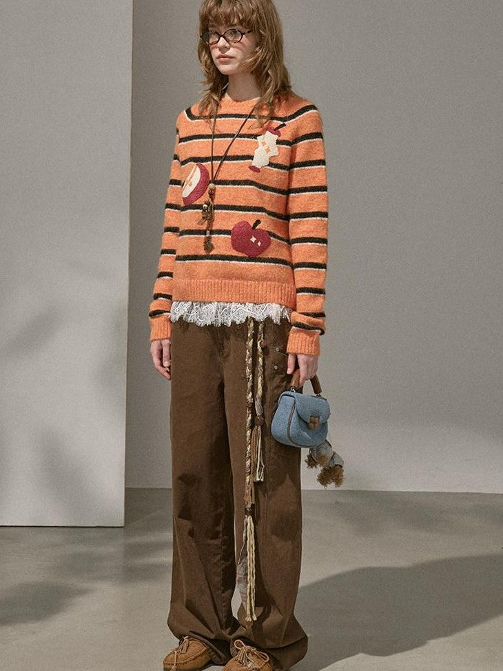 DIDDI MODA Apple Embroidered Striped Crewneck Loose Women&