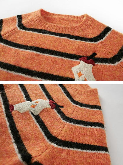 DIDDI MODA Apple Embroidered Striped Crewneck Loose Women&