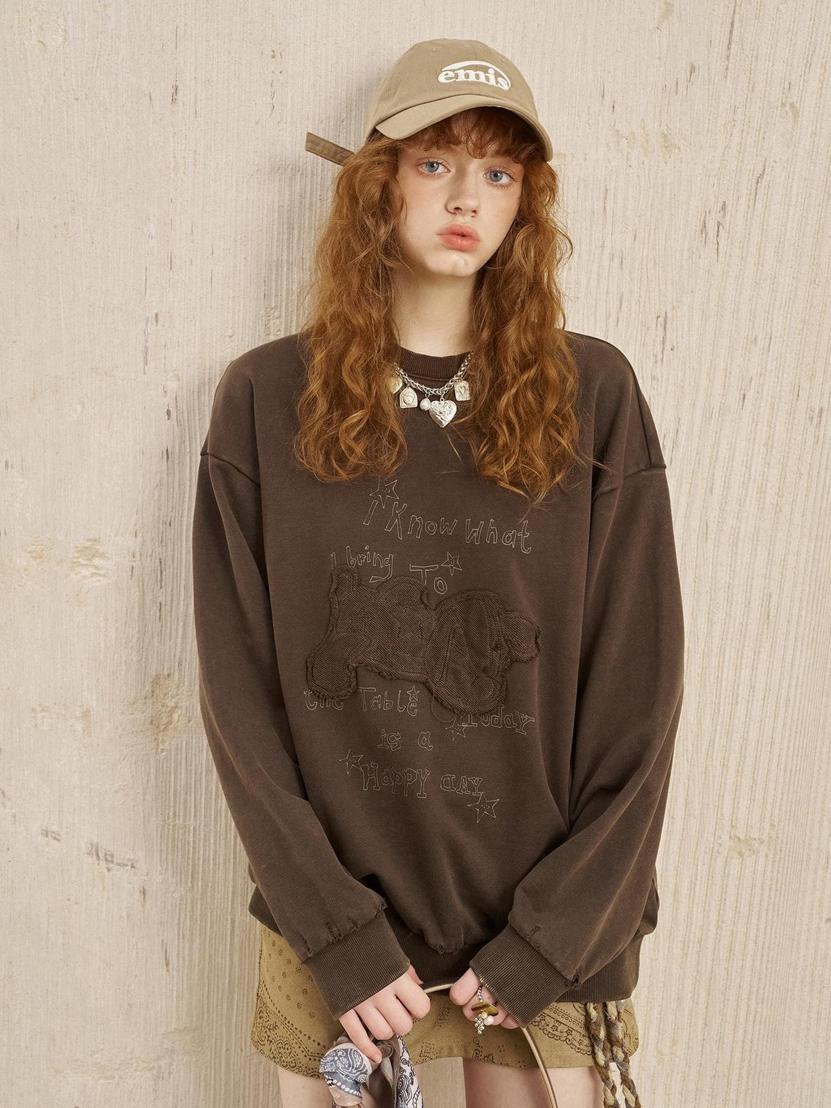 DIDDI MODA Applique Dog Embroidery Loose Fit Crewneck Long Sleeve Women&