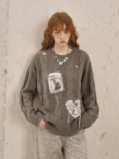 DIDDI MODA Applique Kitten Embroidered Hollow Cable Women&