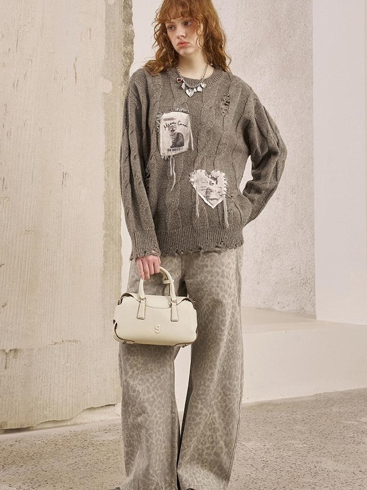 DIDDI MODA Applique Kitten Embroidered Hollow Cable Women&
