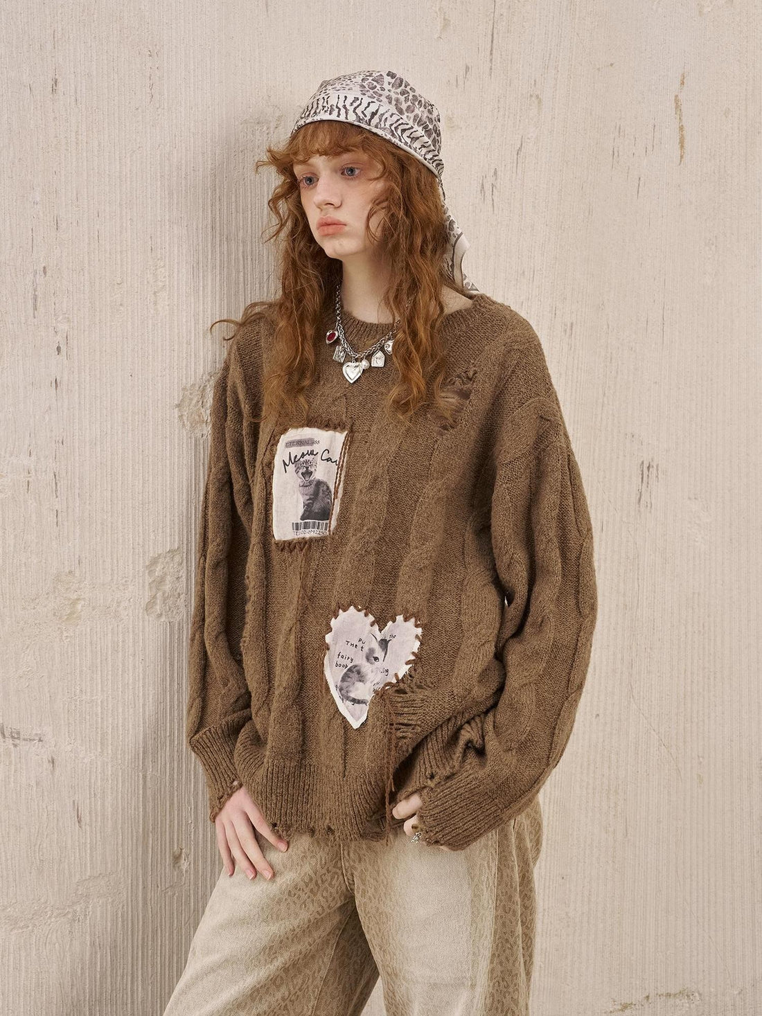 DIDDI MODA Applique Kitten Embroidered Hollow Cable Women&