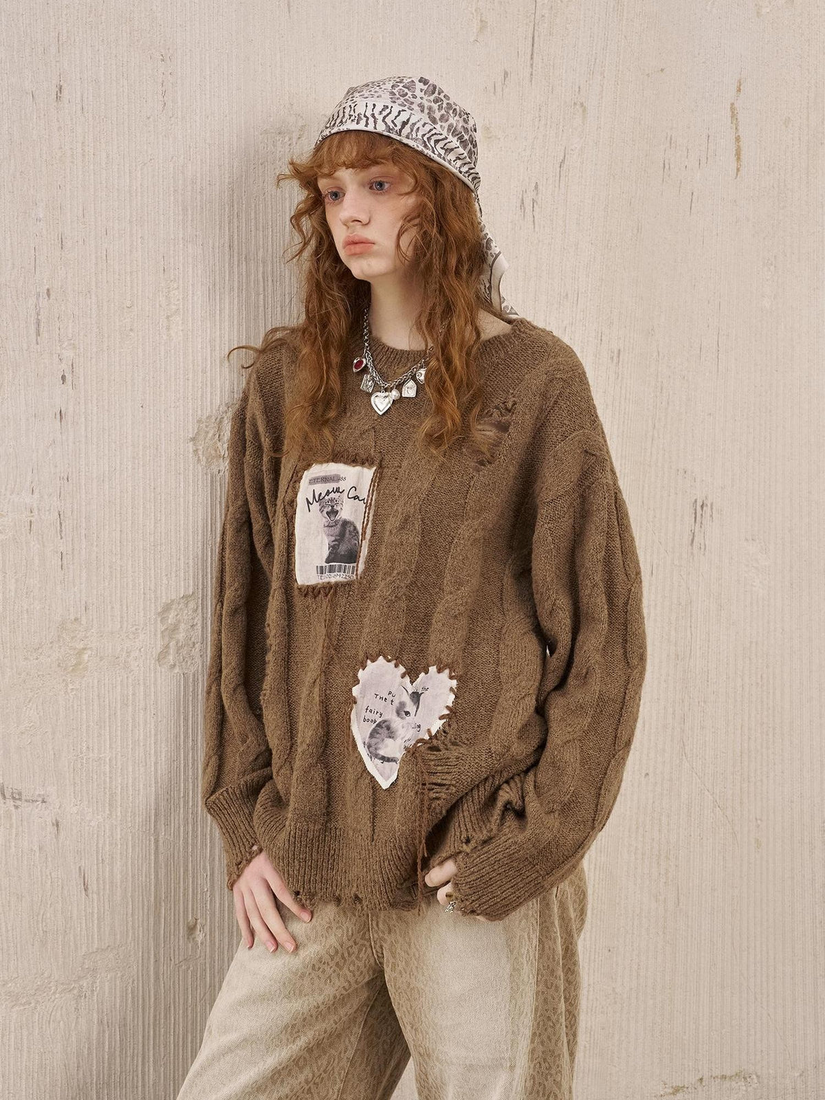 DIDDI MODA Applique Kitten Embroidered Hollow Cable Women&