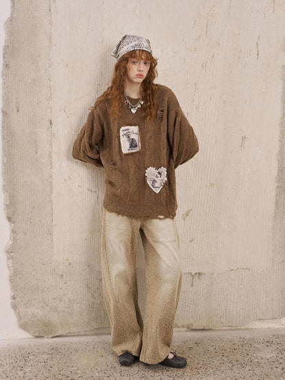 DIDDI MODA Applique Kitten Embroidered Hollow Cable Women&