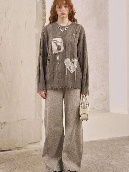 DIDDI MODA Applique Kitten Embroidered Hollow Cable Women&