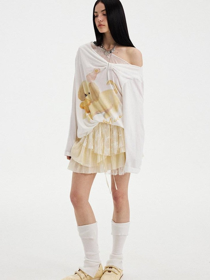 DIDDI MODA Beige Asymmetrical Patchwork Tiered Low Waist Slimming Women&