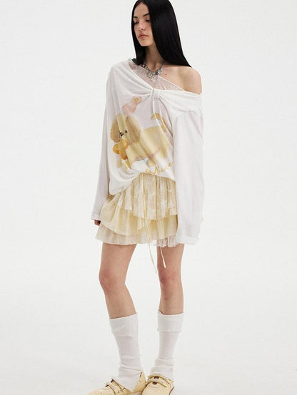 DIDDI MODA Beige Asymmetrical Patchwork Tiered Low Waist Slimming Women&
