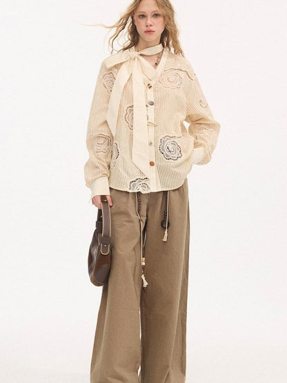 DIDDI MODA Beige Embroidered Bow Tie Women&