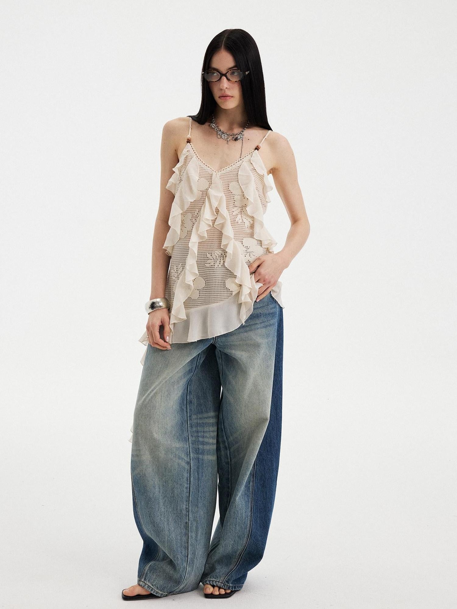 DIDDI MODA Beige Lace Splice Asymmetric Ribbon V-neck Women&