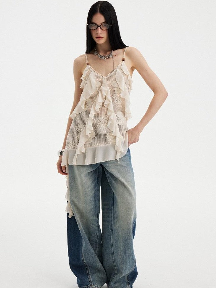 DIDDI MODA Beige Lace Splice Asymmetric Ribbon V-neck Women&