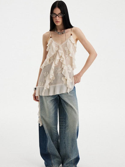 DIDDI MODA Beige Lace Splice Asymmetric Ribbon V-neck Women&