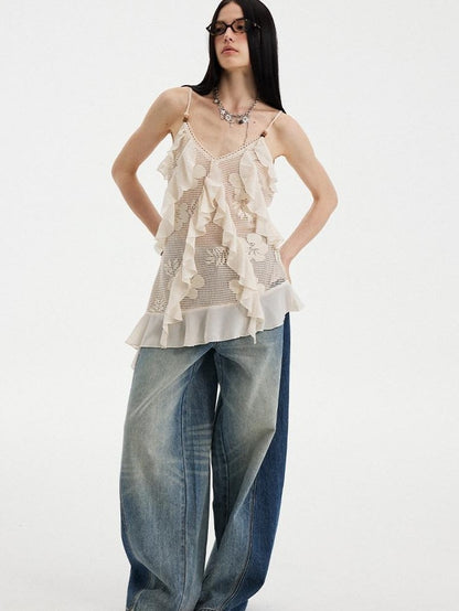 DIDDI MODA Beige Lace Splice Asymmetric Ribbon V-neck Women&