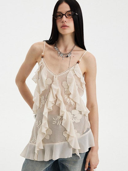 DIDDI MODA Beige Lace Splice Asymmetric Ribbon V-neck Women&