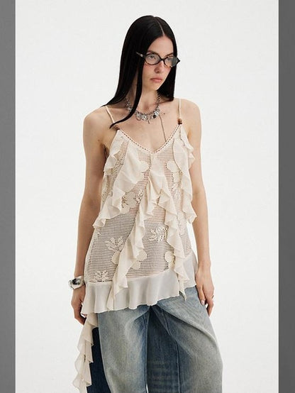 DIDDI MODA Beige Lace Splice Asymmetric Ribbon V-neck Women&